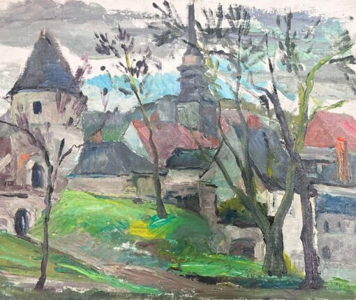 Mid 1900-1999 1950's French Post-Impressionist Oil Old French Town Church