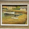 1960's French Signed Oil Painting Boats Moored in Old Harbor Town earthy colors