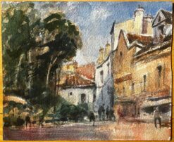 French Impressionist Watercolor Landscape - “Sunny Village Street with Figures"
