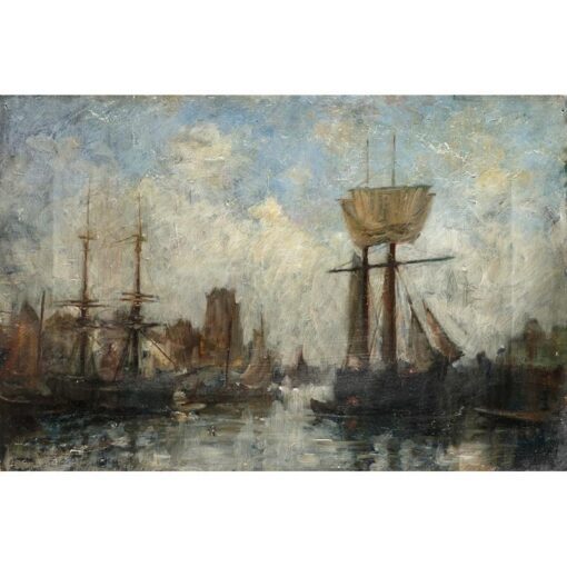 James Levin Henry (1855-1929) Impressionist Oil, shipping in a busy port