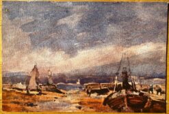 French Impressionist Landscape Watercolour Harbour Scene at Dusk