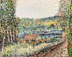 Pointillist Style River Landscape with Trees & Far Reaching View of Town