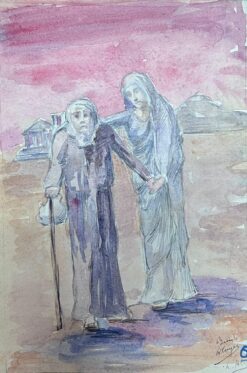 1930's French Impressionist Robed Figure Guiding Lost Figure Through The Desert