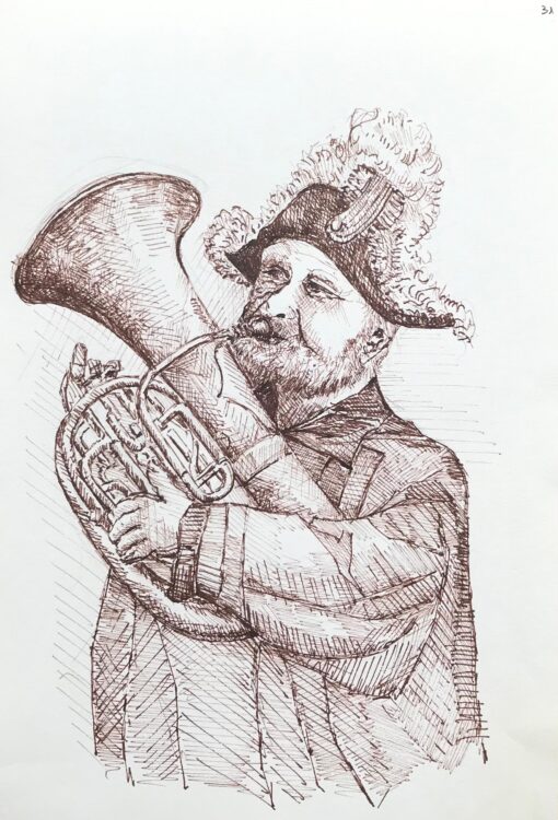 1950's Modernist/ Cubist Painting - Man Playing Tuba