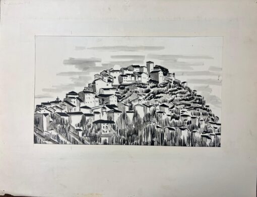 1950's Modernist/ Cubist Painting - Black and White Roof Top Town Landscape
