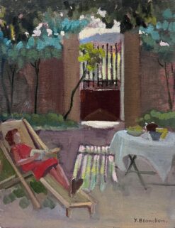 1930's French Impressionist Lady in Red Dress Lounging In The Garden Shade