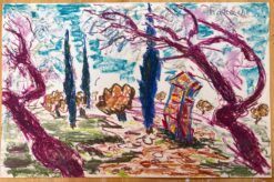 Colorful Countryside Scene w/ Cypress Trees and Cottage - Vibrant Pastel Drawing