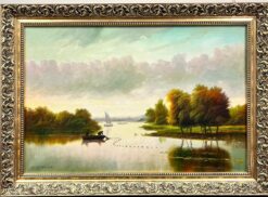 Sunset Fishing Landscape Laying Nets Large Traditional English Oil Painting