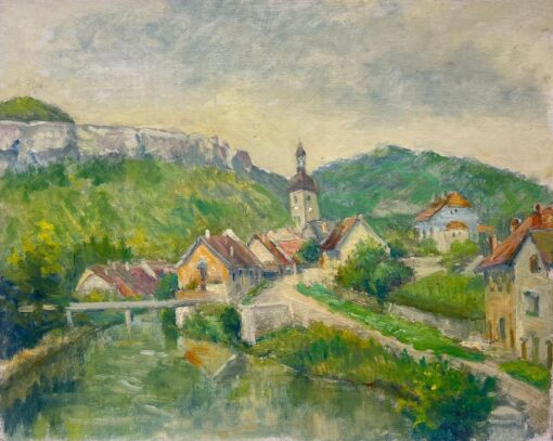 Mid 1900-1999 1950's French Post-Impressionist Oil Old French Town & River