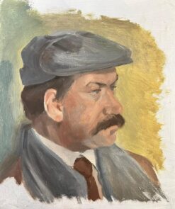 Mid 1900-1999 French Painting Portrait of Man with Moustache in Flat Cap