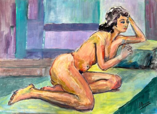 Reclining Nude Lady Model 1970's French Modernist Painting Provence Collection