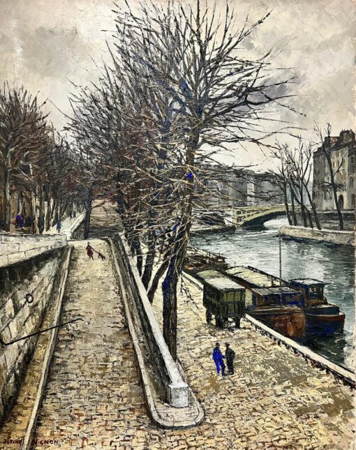 Winter in Paris Banks of the River Seine Huge 1960’s French Signed Oil