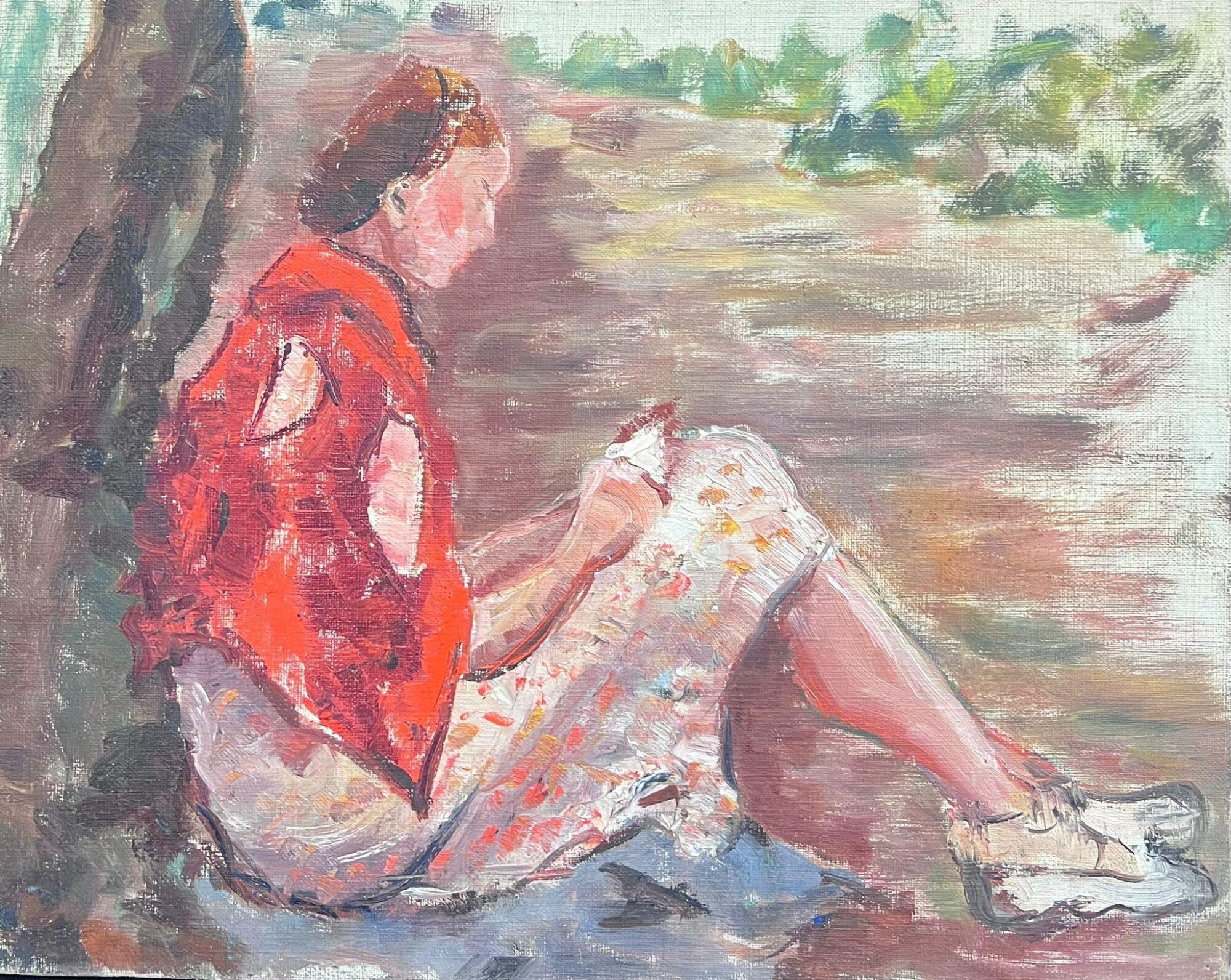 Mid 1900-1999 1950's French Post-Impressionist Oil Lady Reading under Tree