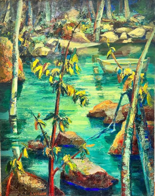 Signed French Post Impressionist Oil Mid Century Jungle Pond with Boat