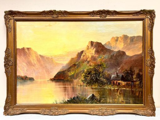 Sunset Scottish Highland Loch Scene with Cottage Antique Signed Oil