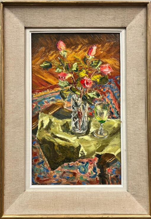 Roses in Vase 1960’s French Post Impressionist Oil Painting Interior Scene