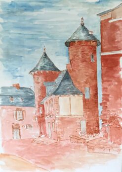 1950's Modernist/ Cubist Painting - Red & Blue French Buildings Watercolour