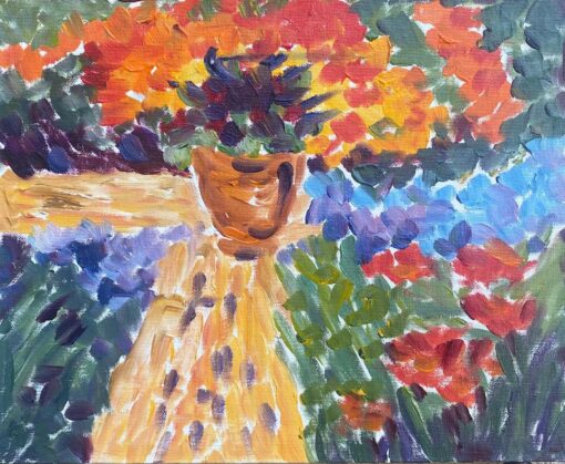 Colorful French Impressionist Oil Painting Potted Plant In Radiant Garden