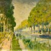 Signed Impressionist Oil Painting Fishermen Banks Green Canal Poplar Trees