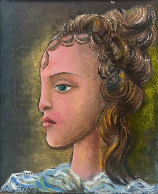 1900-1999 French Modernist Signed Oil Painting Portrait of Young Girl Green