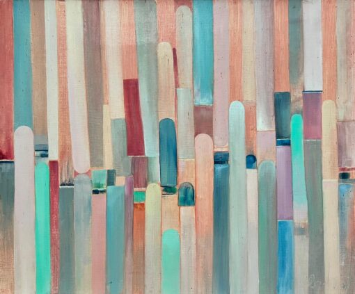 1970’s French Abstract Shapes Oil Painting in Pastel Shades of Color
