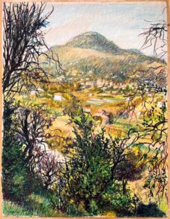 Mid Century French Original Pastel Painting, Lush Landscape with Mountain View