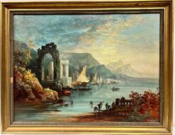Large Marine Oil Painting Continental Harbour Merchants & Fishermen Trading
