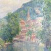 Mid 1900-1999 1950's French Post-Impressionist Oil River Landscape Old Town