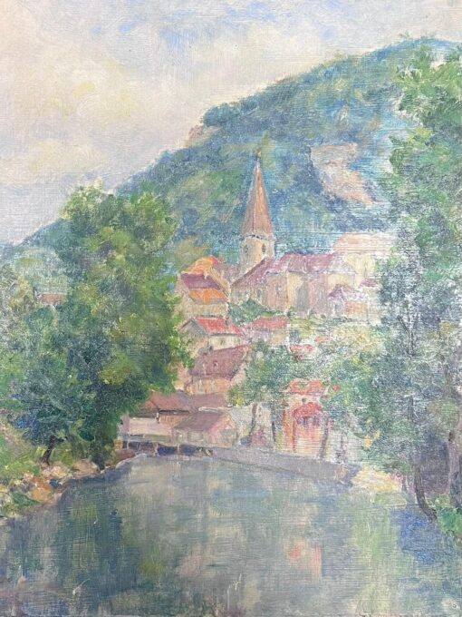 Mid 1900-1999 1950's French Post-Impressionist Oil River Landscape Old Town
