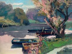 Boats on the River Eure Normandy France French Post Impressionist Signed Oil