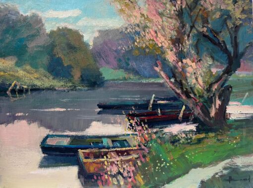 Boats on the River Eure Normandy France French Post Impressionist Signed Oil