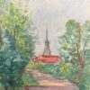 Mid 1900-1999 French Oil A Village Steeple Framed by Verdant Trees