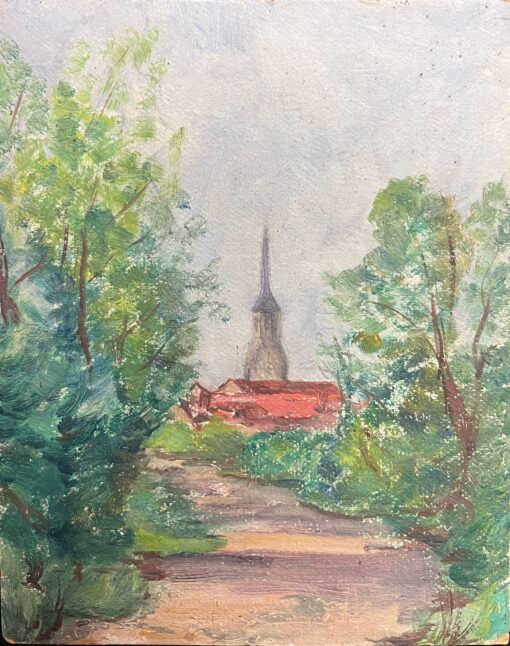 Mid 1900-1999 French Oil A Village Steeple Framed by Verdant Trees