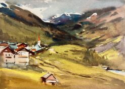 Alpine Mountain Chalet Landscape British Mid 1900-1999 Impressionist Painting