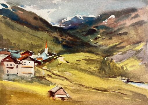 Alpine Mountain Chalet Landscape British Mid 1900-1999 Impressionist Painting