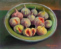Contemporary French Impressionist Signed Oil Figs in a Green Bowl Still Life