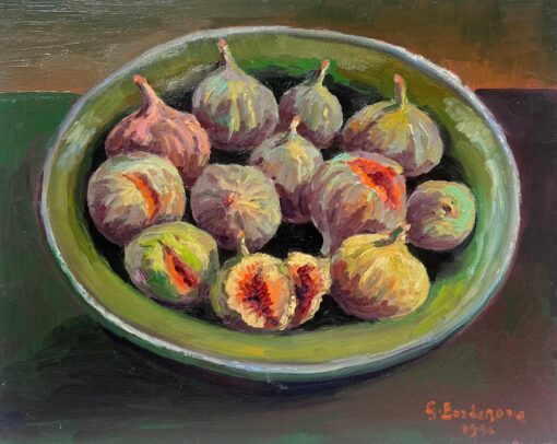 Contemporary French Impressionist Signed Oil Figs in a Green Bowl Still Life