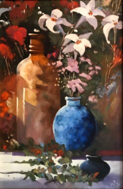British Still life Lilies and Blue Vase, Signed oil