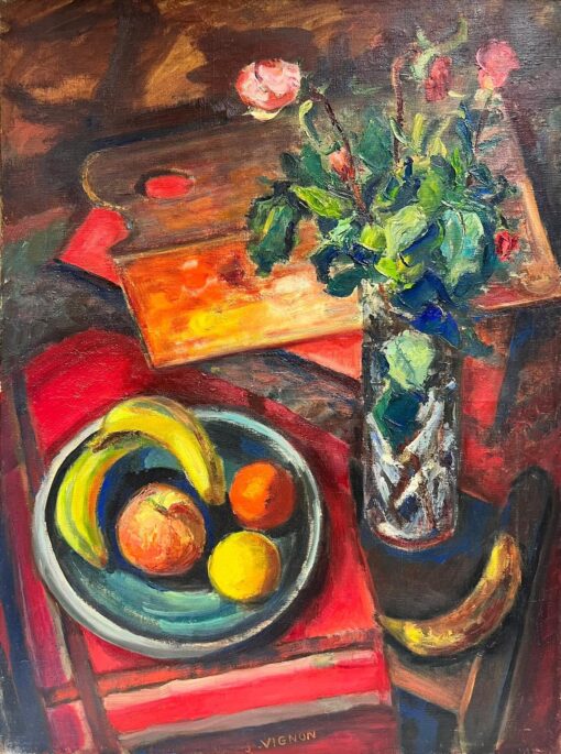1960's French Post-Impressionist Signed Oil Fruit Flowers Artists Palette