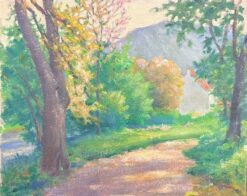 Mid 1900-1999 1950's French Post-Impressionist Oil Golden Light Country Lane
