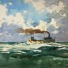 British Impressionist Painting Bridge Behind Fishing Boat