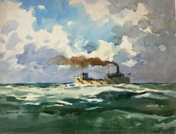 British Impressionist Painting Bridge Behind Fishing Boat