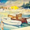 South of France Mediterranean Tranquil Harbour Boats & Figure 1950's French Oil