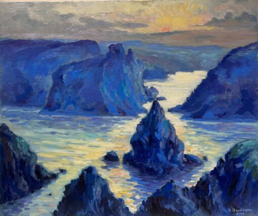 Contemporary French Impressionist Oil Sunset over Coastal Cliffs Rocky Seascape