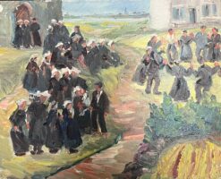 Mid 1900-1999 1950's French Post-Impressionist Oil Villagers Leaving Church