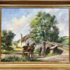 Traditional English Rural Oil Painting Horse & Cart Crossing Stream in Fields