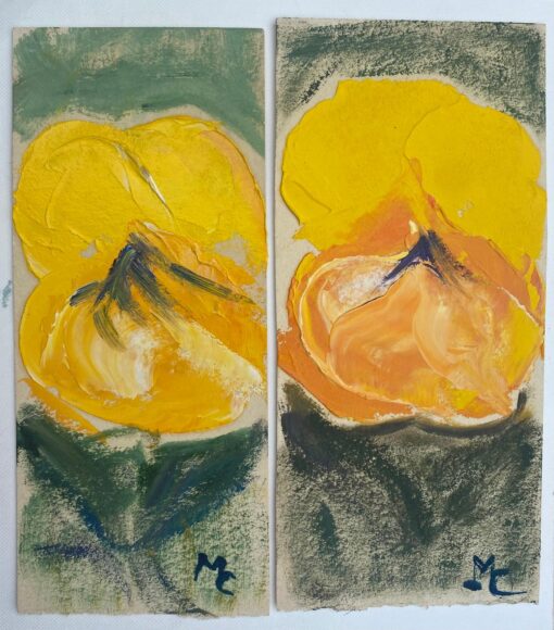 Set Of Colorful French Landscape Impressionist Oil Paintings Yellow Pansies