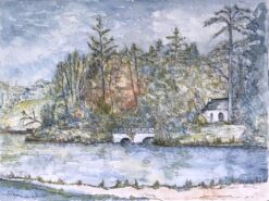 1950's Modernist/ Cubist Painting - Detailed Bridge Watercolour Landscape
