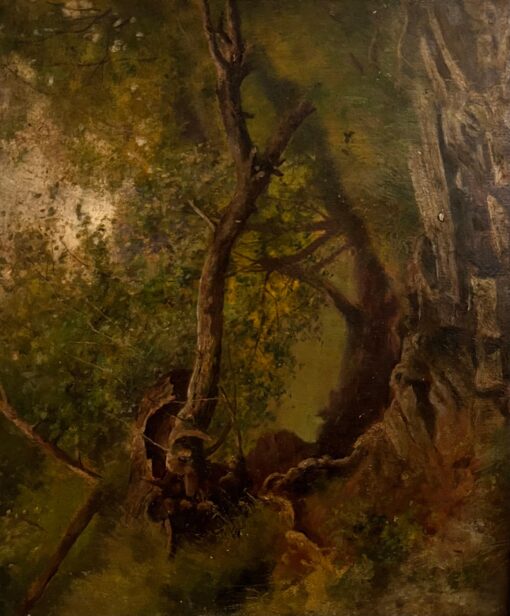 Antique Victorian English Oil Falling Tree From Broken Tree Stump