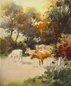 British Impressionist Painting Autuminal Landscape Cattle Crossing The Road
